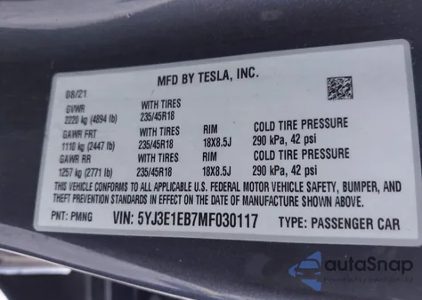 2021 Tesla Model 3 Long Range Dual Motor All-Wheel Drive from USA, damaged, VIN 5YJ3E1EB7MF030117